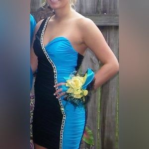 One-Shoulder Mini Dress. Black + Blue w/ Rhinestones / Homecoming